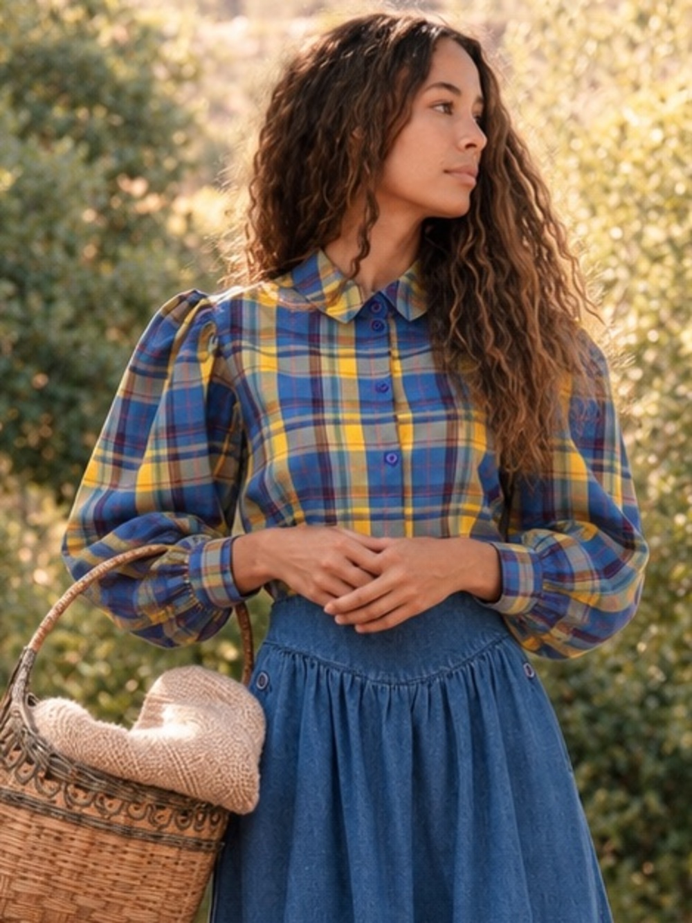 Vintage 80s Genesis Plaid Puff Sleeve Blouse Preppy Cottagecore Prairie, L